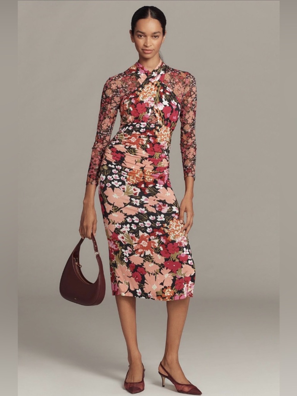 ✨ Anthropologie Long-Sleeve Halter Mesh Midi Dress Sz M